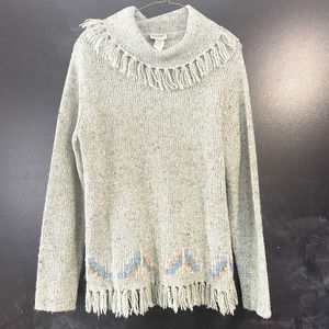 Vtg Green Fringe Sweater Tasseled Aztec Geometric Women Medium Cozy Lagenlook
